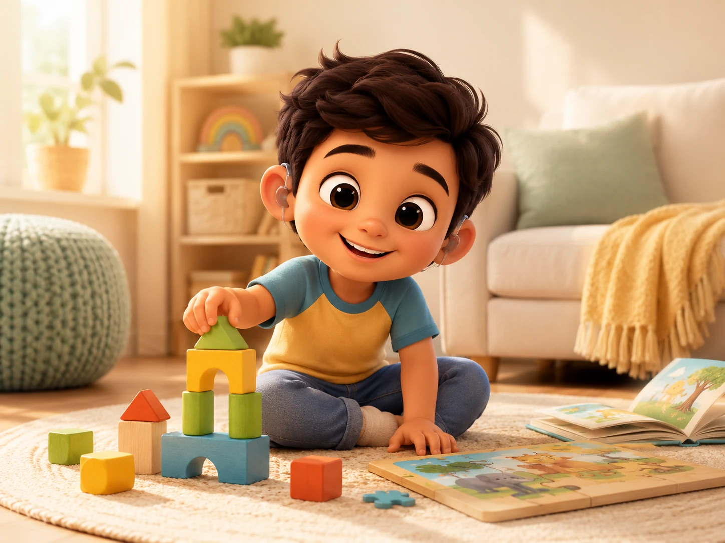 Ilustración de Dani jugando con bloques y usando audífonos
