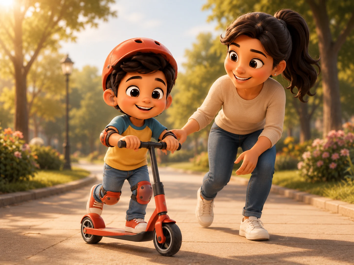 Ilustración de Dani usando scooter con casco y protección